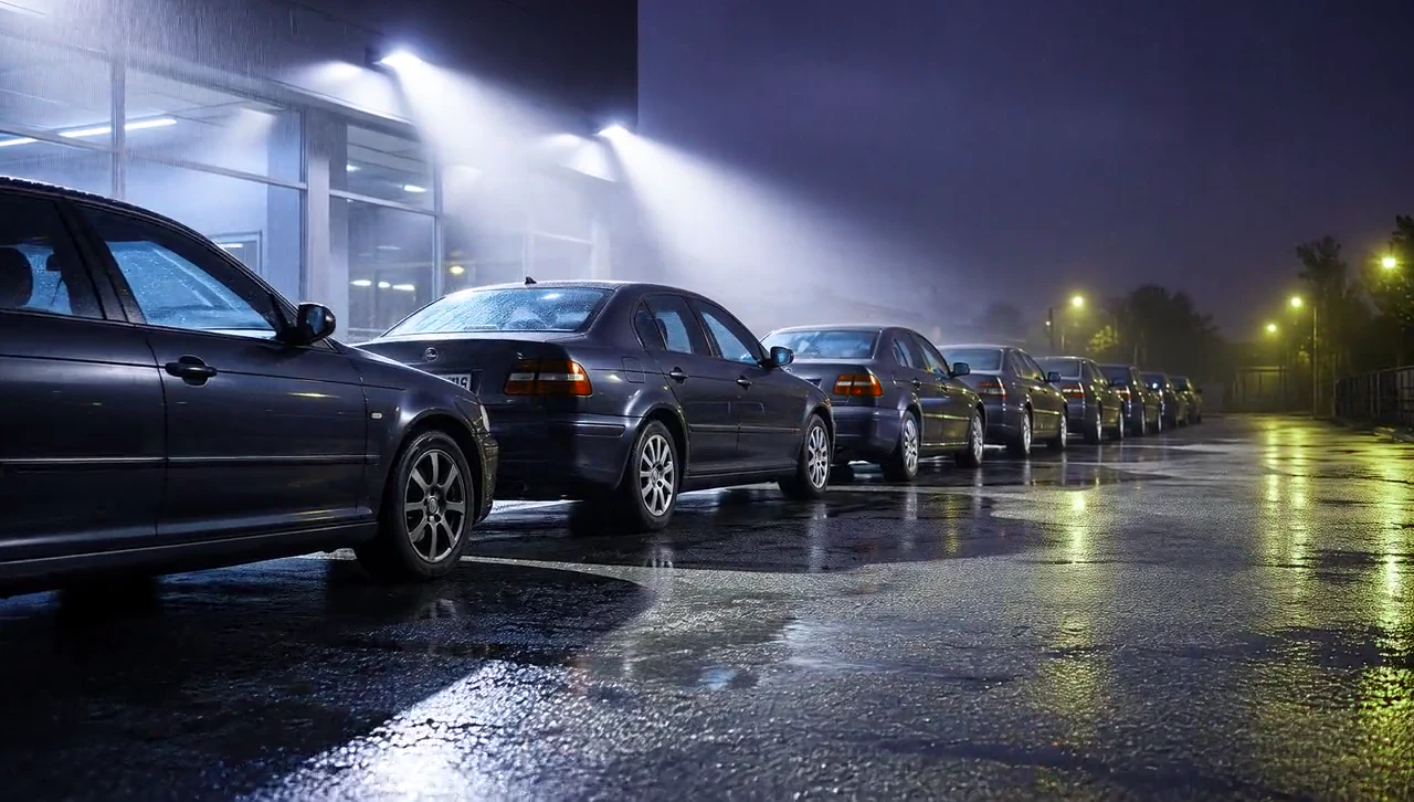 Ford-Jahreswagen bei Nacht auf dem Hof der Autocentrale Thiel