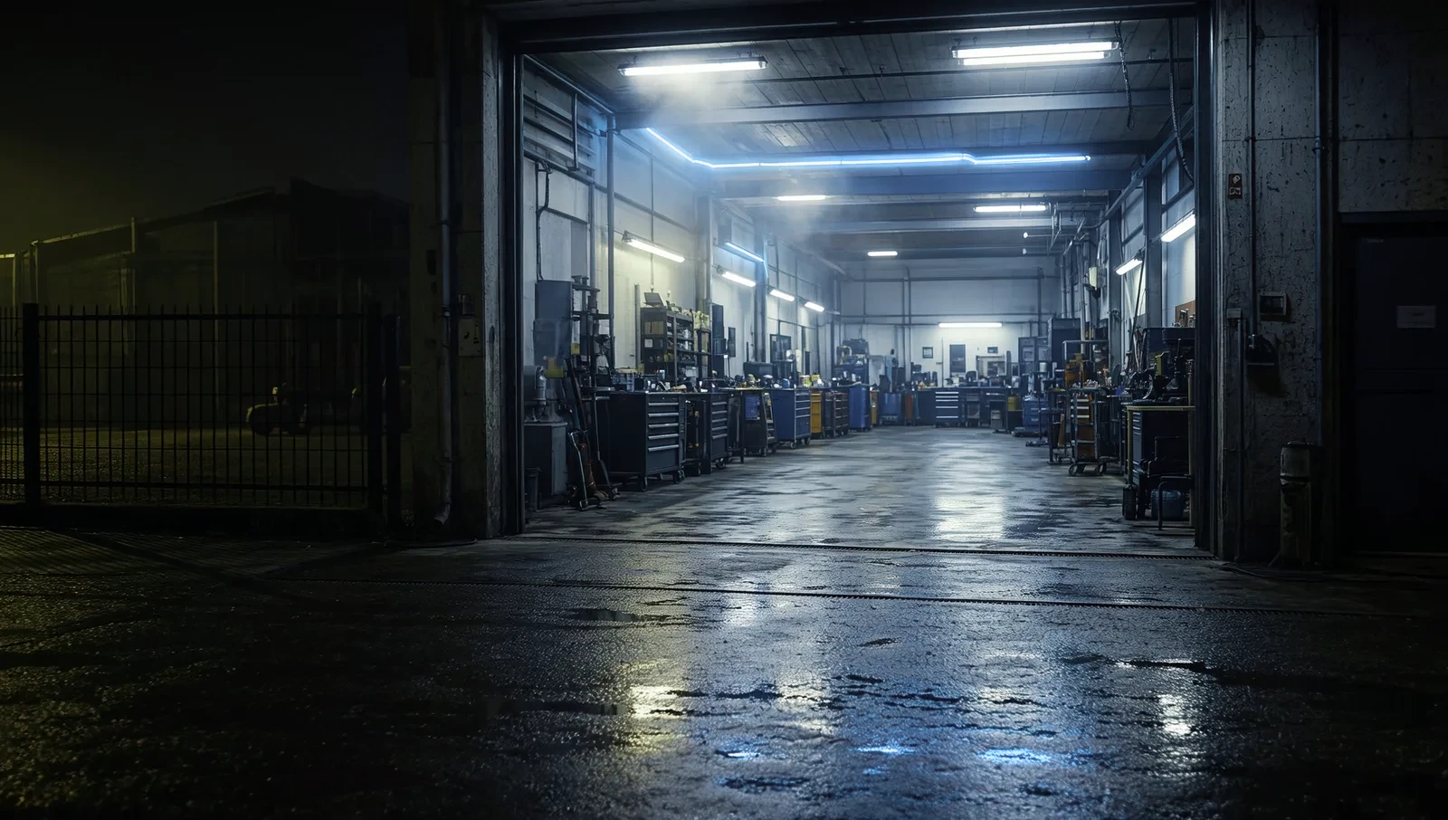 Werkstatthalle der Autocentrale Thiel bei Nacht, Fahrzeuge auf der Hebebühne